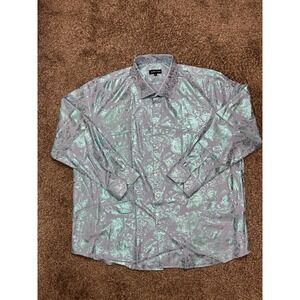Barry Wang Dress Shirt Mens 3XL Dusty Blue Paisley Silky Disco Button Up